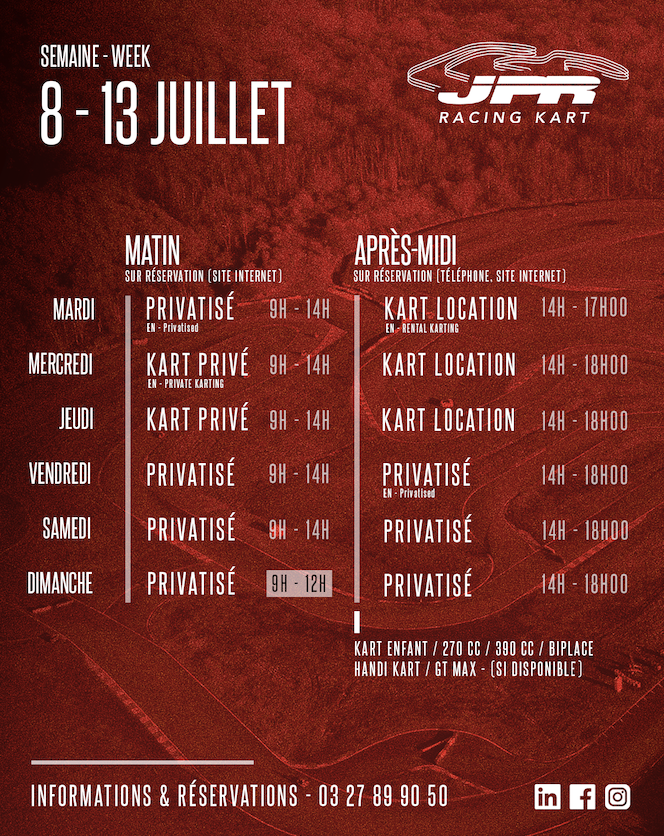 Planning de la semaine du 8 au 13 Juillet, racing kart jpr